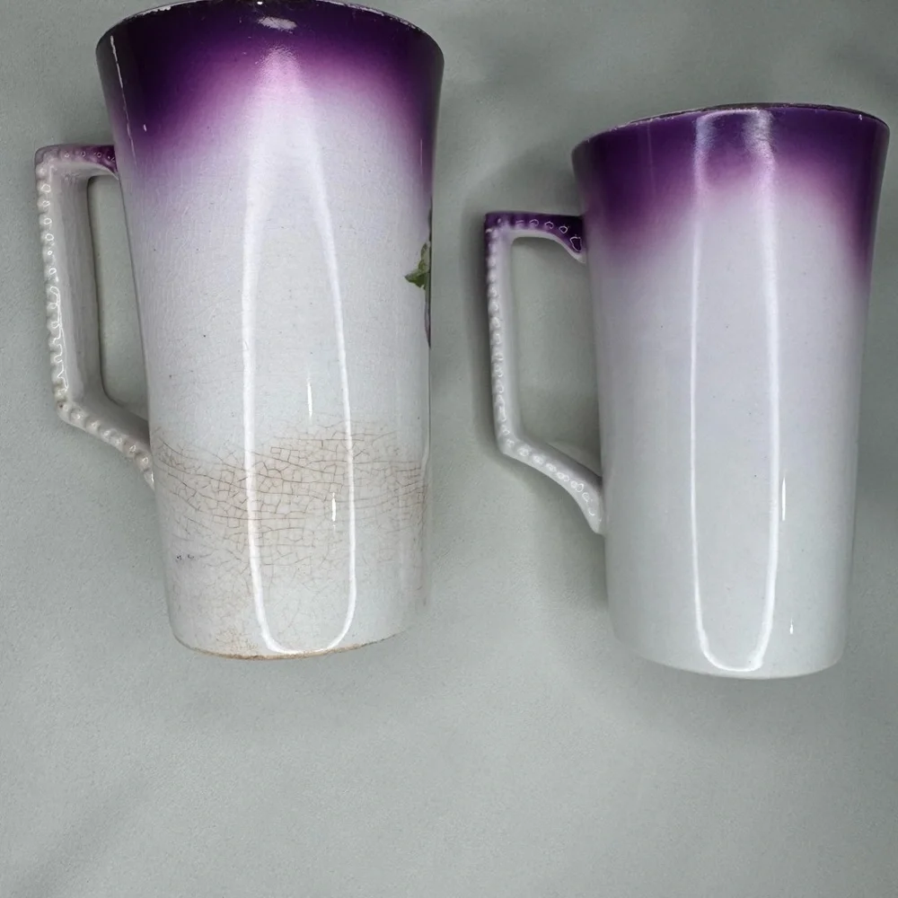 Elegant Vintage porcelain mugs hand painted Purple Grape Design.